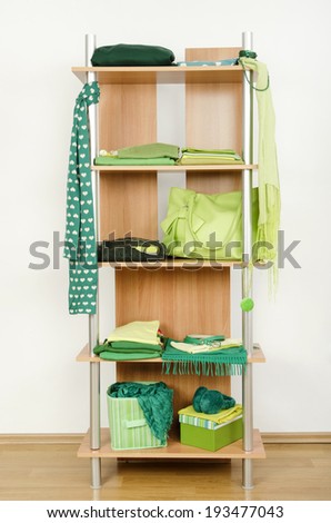 Green clothes nicely arranged on a shelf. Tidy wardrobe with color coordinated clothes and accessories.