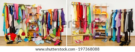 Wardrobe before messy after tidy arranged by colors. Untidy cluttered woman dressing with clothes and accessories vs. closet color coordinated on hangers and shelf.