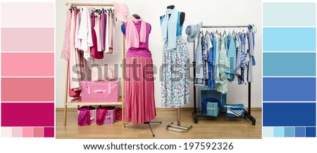 Wardrobe with blue and pink clothes, shoes and accessories with color samples. Dressing closet with all shades of pink and blue clothes arranged on hangers with outfit on two mannequins.