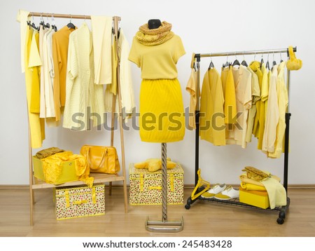 Dressing closet with yellow clothes arranged on hangers and a winter outfit on a mannequin. Wardrobe full of all shades of yellow clothes, shoes and accessories.