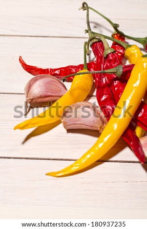 Pepper spice, garlic, chilli peppers on wooden table