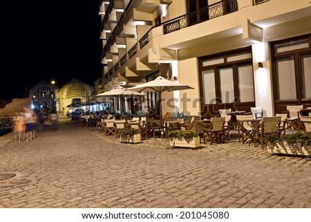 Beautiful night cityscape and promenade in city of Chania on island of Crete, Greece