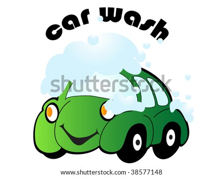 stock vector : Cartoon car with car wash sign - vector illustration