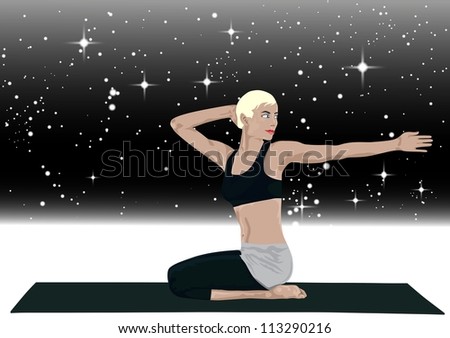girl doing yoga,Hat-ha Yoga, Ard-ha Mats-yen drassana, Half Seated Twist, Level 1,meditation, gymnastics, pose, position, girl, harmony, yoga