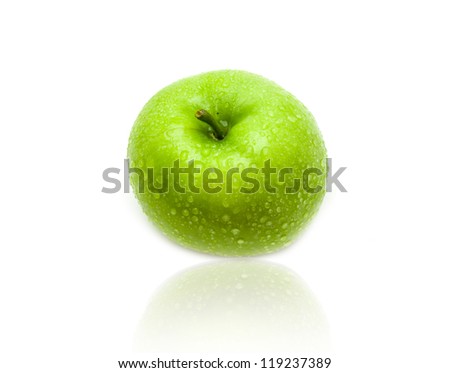 Green apple with water splashes on the isolated white background