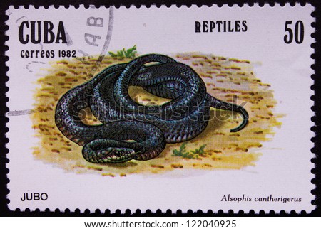 CUBA - CIRCA 1982: A stamp printed in Cuba shows a Cuban Racer snake, wild animal, circa 1982.