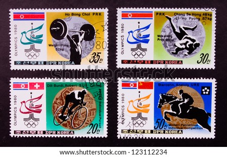 KOREA - CIRCA 1980: A series of stamps printed in Korea shows four different Olympic games in four different countries, circa 1980.