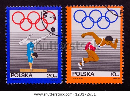 POLAND - CIRCA 1969: A stamp printed in Poland shows the olympic gymnast and high jumper, circa 1969.