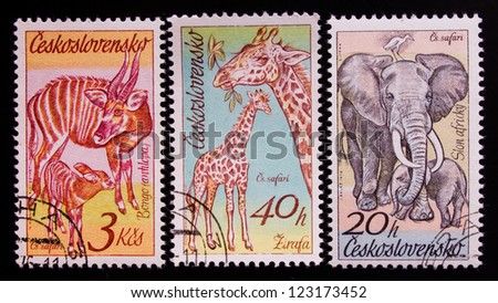 CZECHOSLOVAKIA - CIRCA 1976: A stamp printed in Czechoslovakia shows three kinds of animals with their young ones , circa 1976.