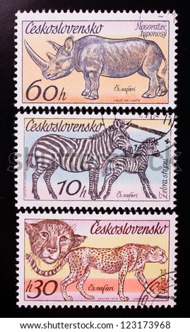 CZECHOSLOVAKIA - CIRCA 1976: A stamp printed in Czechoslovakia shows the animals rhino,zebra and gepard , circa 1976.