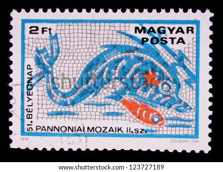 HUNGARY - CIRCA 1978: A stamp printed in Hungary shows a mosaic blue and orange fish, circa 1978.