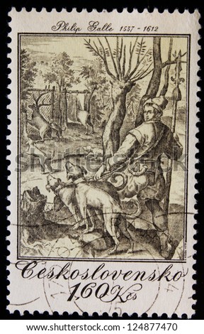 CZECHOSLOVAKIA - CIRCA 1960: A stamp printed in czechoslovakia shows a hunter dogs and springbok in the forest, circa 1960.