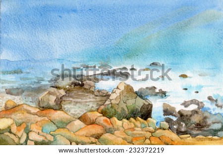 Rocky Beach - Watercolor painting of a rocky beach landscape.