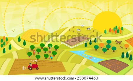 Rural Landscape - Aerial view of a rural landscape with fields, orchard, river, animals and people. Eps10