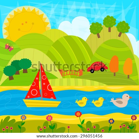 Cheerful Day  - Cute playful imaginative landscape with hills, river and animals. Eps10