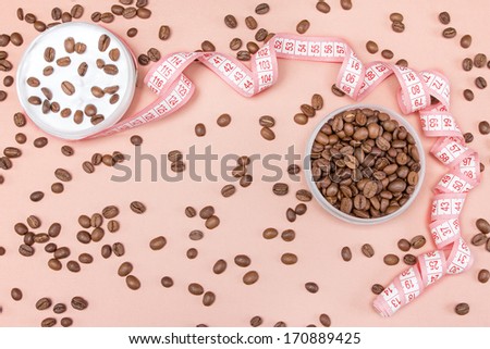 Anti-cellulite cream with caffeine concept: cream, coffee beans and measure tape