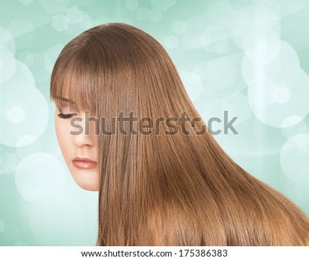 Portrait of beautiful woman with flowing long hair, fringe, eyes closed