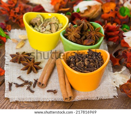 Different spices  on hessian cloth napkin. Shallow depth of field
