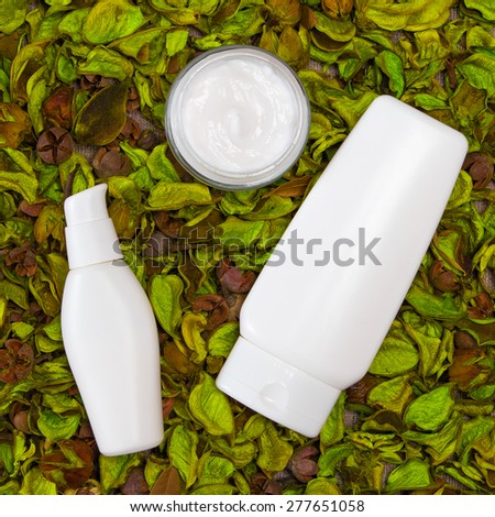 Cosmetic skin care products in dry leaves. Open jar of cream with other beauty products. Organic cosmetics for women. Top view