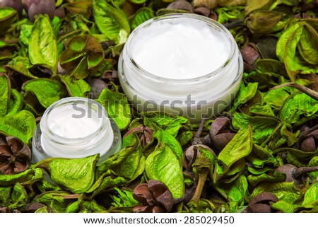 Organic skin care products. Closeup of two open glass jars filled with cream surrounded by dry green leaves. Natural cosmetics for women