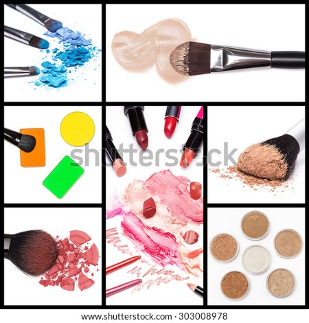 Collection of makeup cosmetics: liquid foundation, loose cosmetic powder, lip liners, lip gloss, lipstick different colors, powder blush, colored eyeshadow with brushes. Collage made of seven images