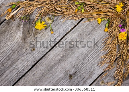 Autumn frame of dried grass and flowers on old wooden planks. Natural background