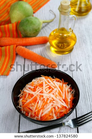 Carrots and radishes in a black bowl on a wooden table
