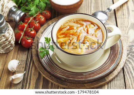 Cabbage soup with meat and sour cream. Russian traditional dish