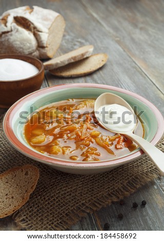 Cabbage soup with sour cream. Russian traditional dish