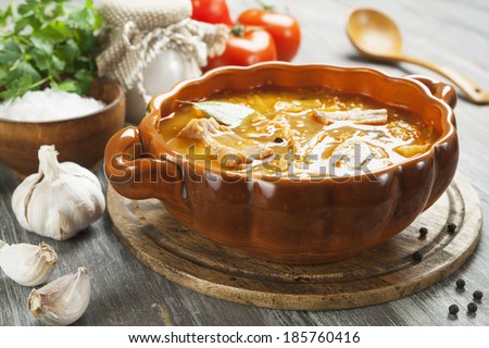 Cabbage soup with meat and sour cream. Russian traditional dish