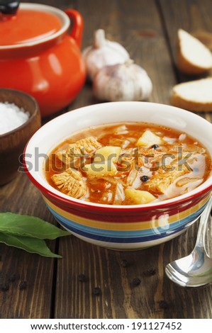 Cabbage soup on the table. Russian traditional dish