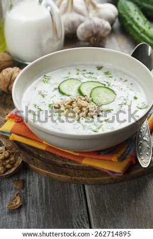 Tarator, bulgarian sour milk soup in an orange bowl