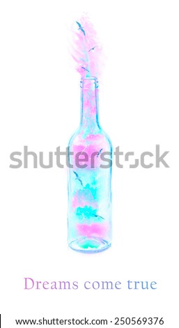 Photo manipulation of birds in wine bottle, dreams concept with sample text