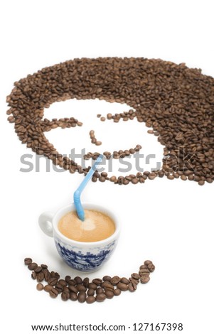 Coffee beans lady face with espresso coffee isolated on white background