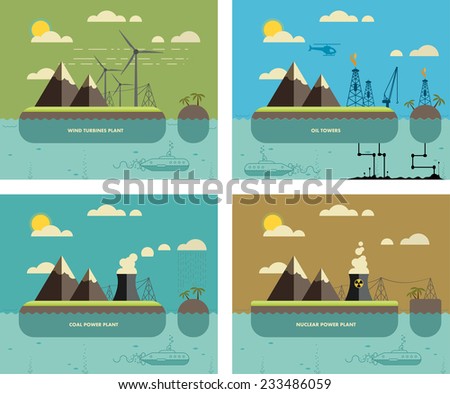 Ecology Concept Environment Green Energy and Nature Pollution Designs Nuclear coal wind turbines power Plants and oil towers Flat Style Ecology Concept Environment Green Energy and Nature Pollution Designs Nuclear coal wind turbines power Plants and oil towers Flat Style