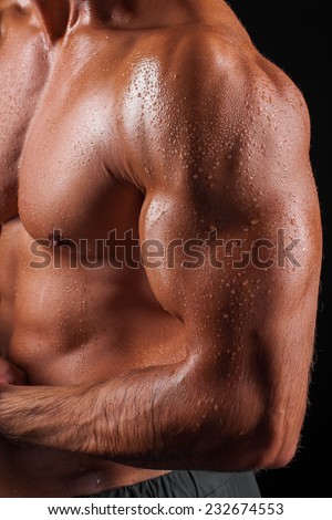 Biceps, the beefy man shows the beefy body, a biceps of the left hand, a torso and a press in studio on a black background, without the person.