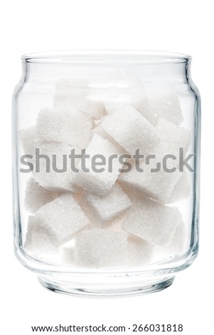 White lump sugar in a glass jar on a white background, sweet sugar in ware, nobody.