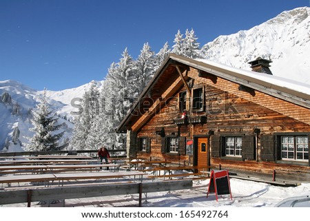 Empty cafe in winter mountains, Grand Paradis, Switzerland