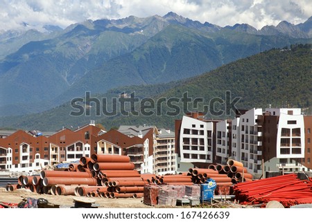 SOCHI, RUSSIA - AUGUST 08: Plastic pipes on construction of mountain resort in Rosa Khutor in Sochi on AUGUST 08, 2013. Investments for the construction of resort are estimated at 69 billion rubles