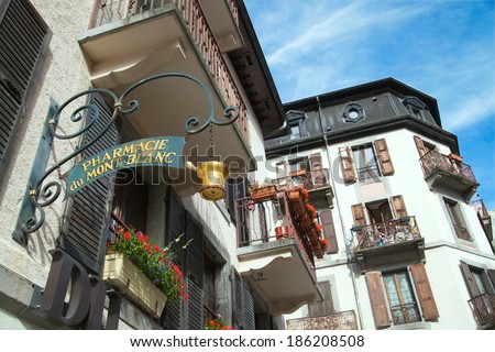CHAMONIX, FRANCE - JUNE 24, 2012: The pharmacy signboard on old styled building