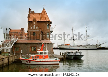 STRALSUND, GERMANY - MAY 7, 2014: The emergency boat on rest in port of Stralsund, Germany