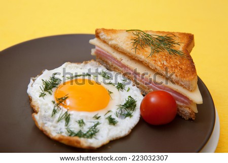 fried egg and toast with cheese and ham