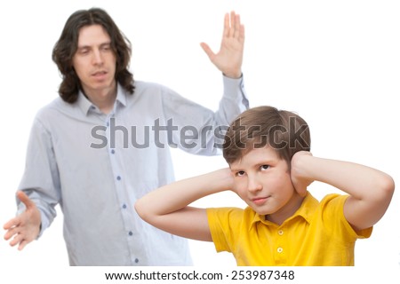 father shouting at a son who is not listening, isolated on white background