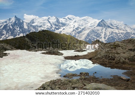 The tops of the mountains reflected in mountain lake