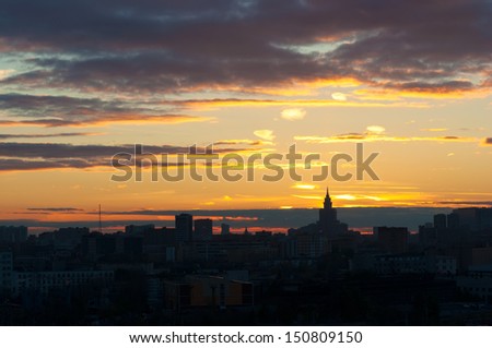 Sunset Glow and  Silhouetted skyline of Moscow-1 It is the stunning sunset glow of Moscow. The Silhouette of Moscow skyline and skyscrapers are so beautiful. Triumph Palace is on the right side.