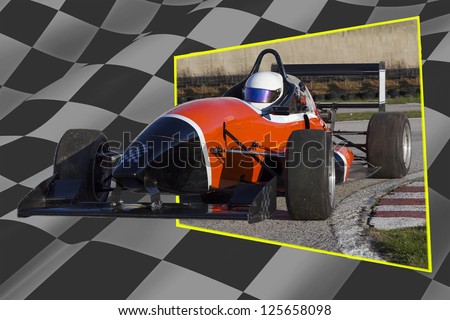 Racing Car with finish flag background.Out of bounds
