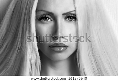 beauty face close up picture long hair black and white portrait