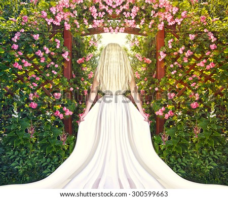 gorgeous blonde woman in white dress entering beautiful garden full of pink roses. back view