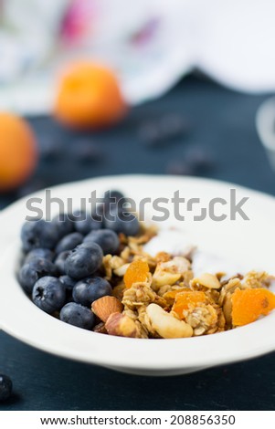 Healthy homemade granola with yogurt, blueberry and dried apricot in a bowl on a wooden table