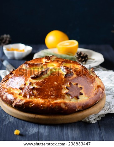 Traditional russian pie Kurnik with chicken, rice and dried apricot
